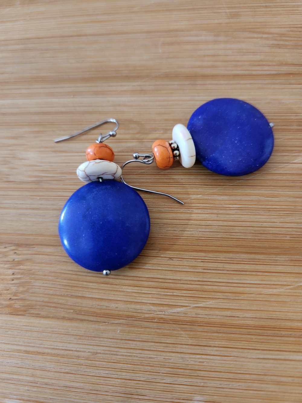 Hand Crafted Purple Disc Earrings with Orange and White Beads